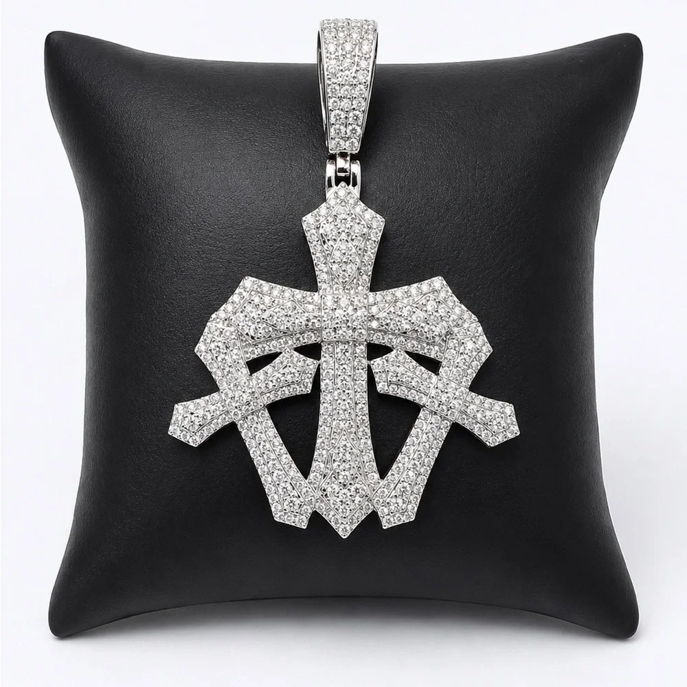 925 Sterling Silver 3.40CT ICED OUT MOISSANITE Triple Cross Men’s Pendant